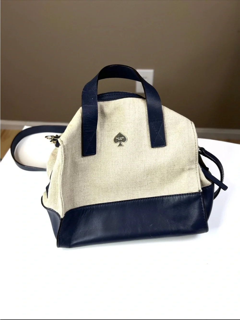 kate spade Cream and Navy Canvas Satchel with Leather Trim